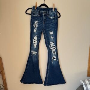 Chic Distressed Flare Jeans in Deep Blue